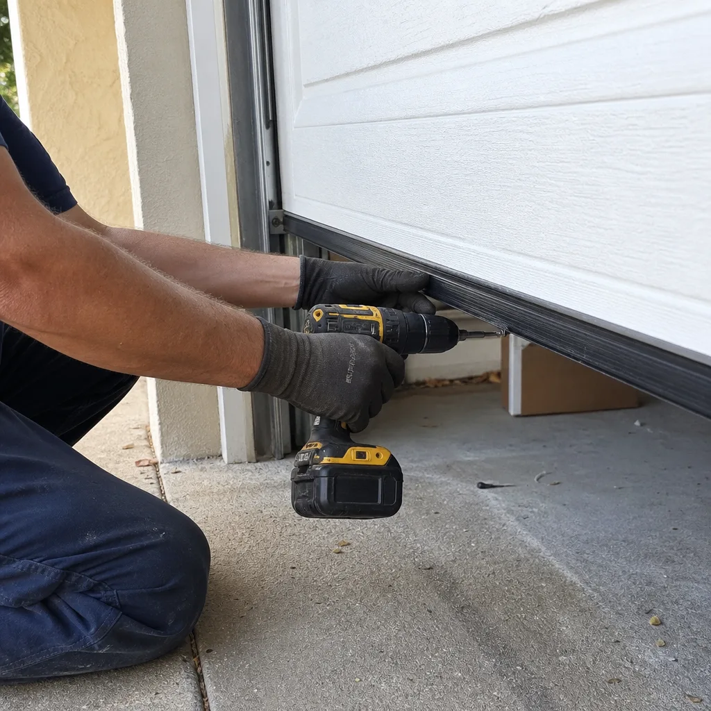 Technician using a power drill to install a garage door seal