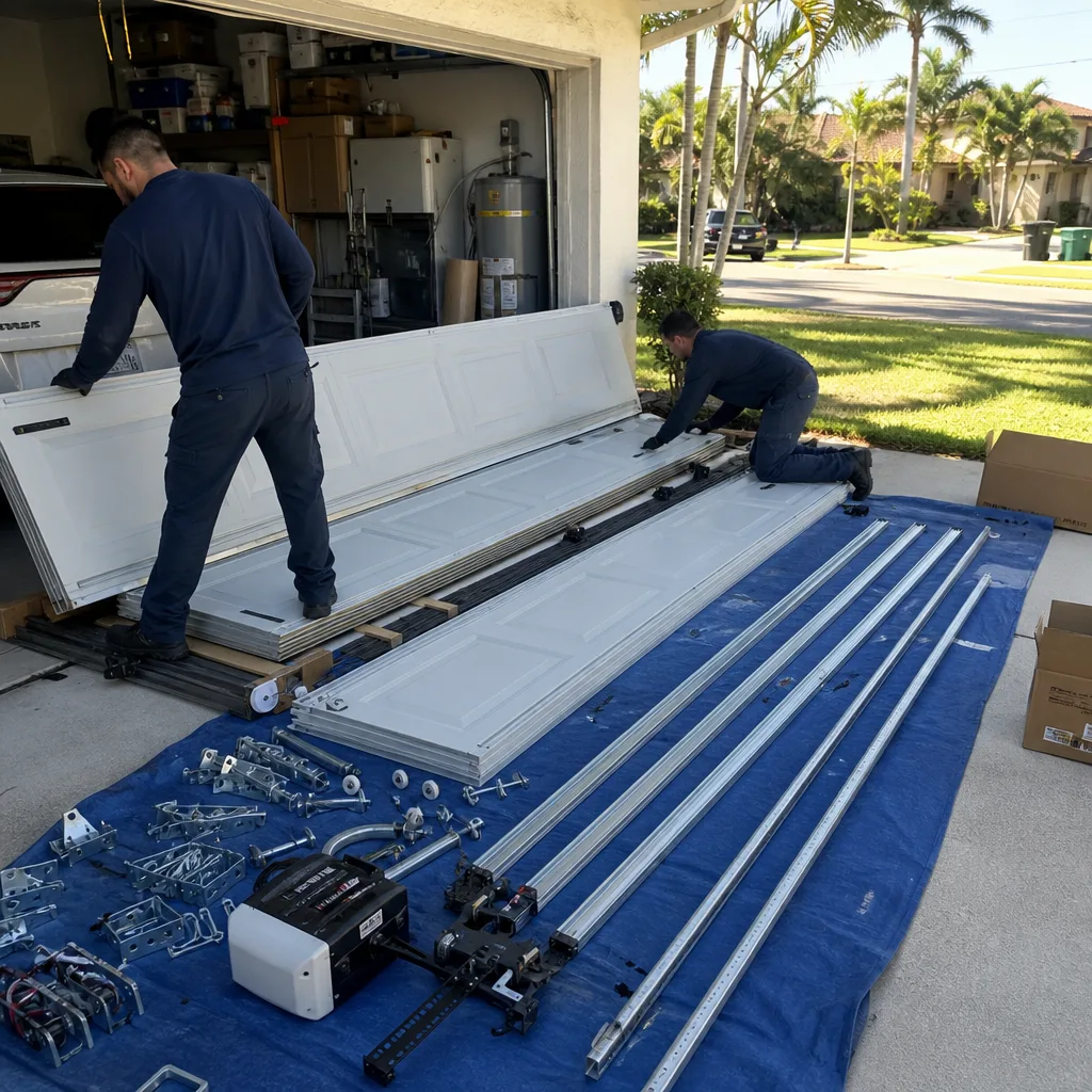 Two professional technicians installing a new white garage door