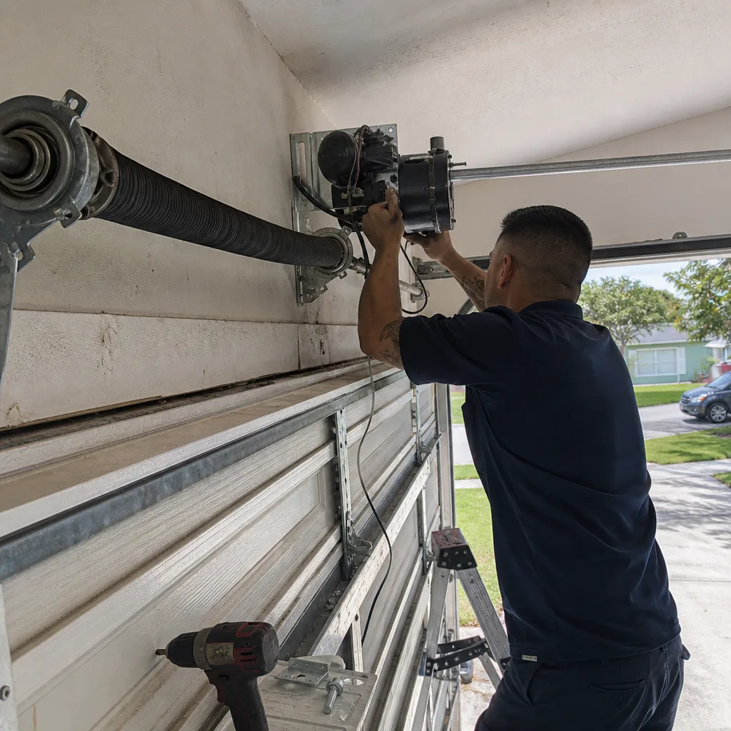 Technician performing professional garage door opener repair and installation services.