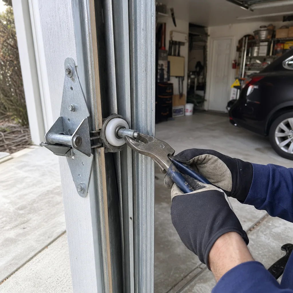 Technician using pliers to perform professional garage door roller repair