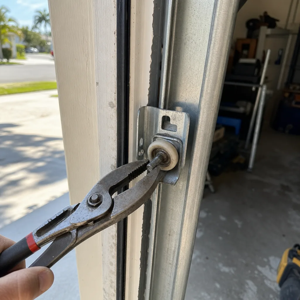 Technician using pliers to repair garage door roller in track