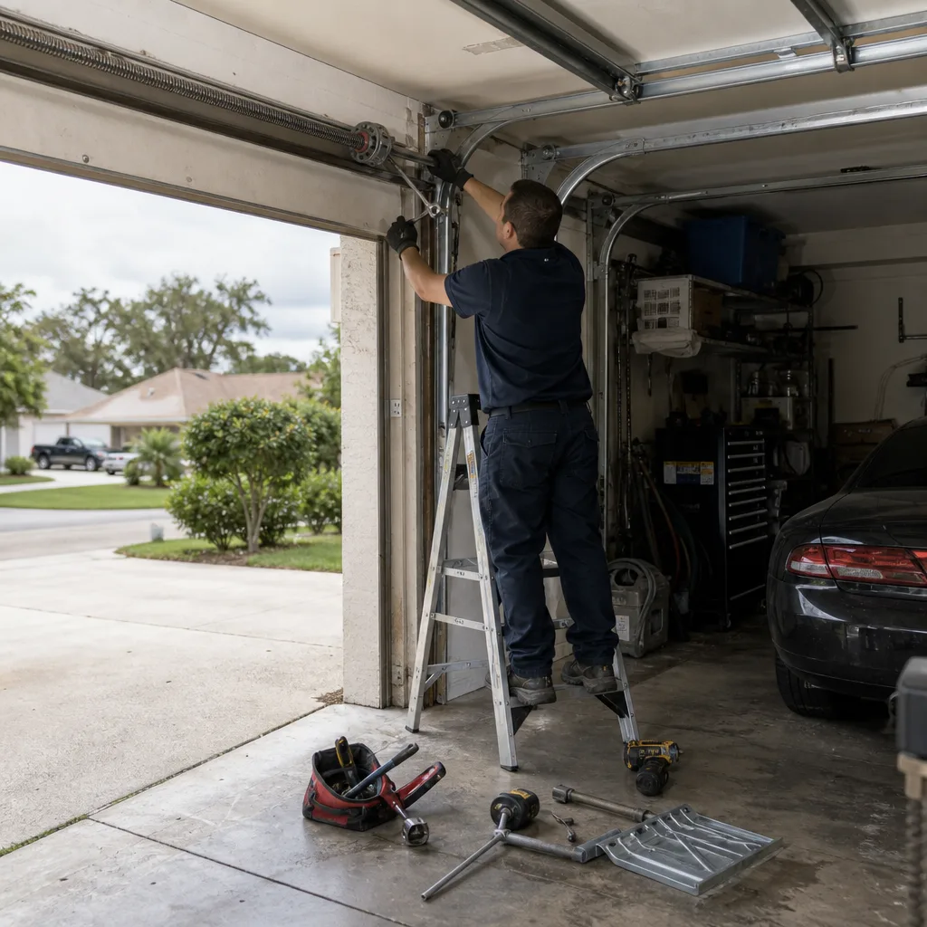 Technician performing emergency garage door spring repair and maintenance nationwide
