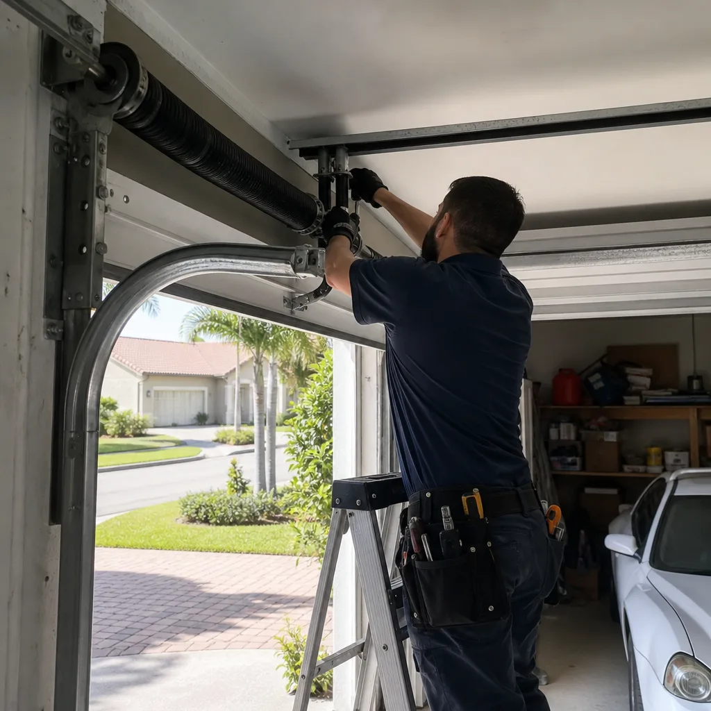 Technician performing garage door repairs and maintenance on overhead door parts nationwide