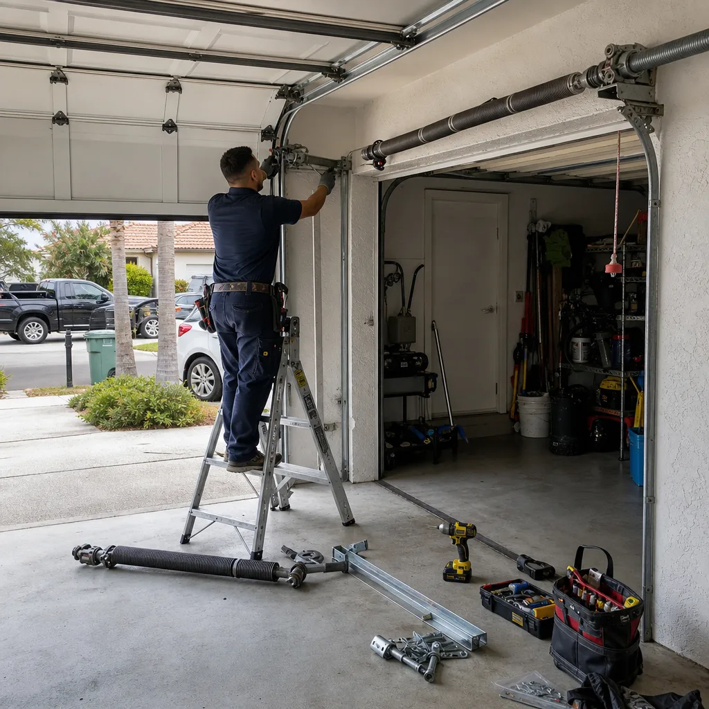 Technician performing professional garage door repair and parts replacement nationwide